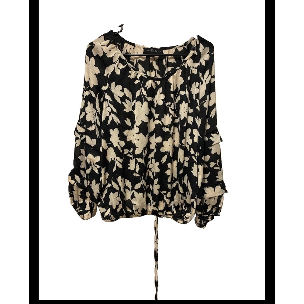 Fred David Floral Ruffle Sleeve Blouse Black Cream Drawstring Hem Top Large